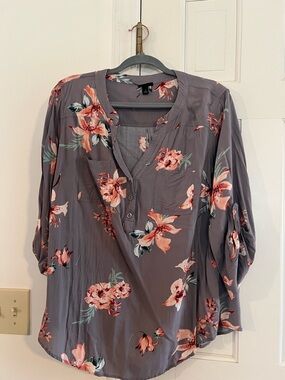 Torrid Gray Floral V-Neck Button Blouse with Coral Accents